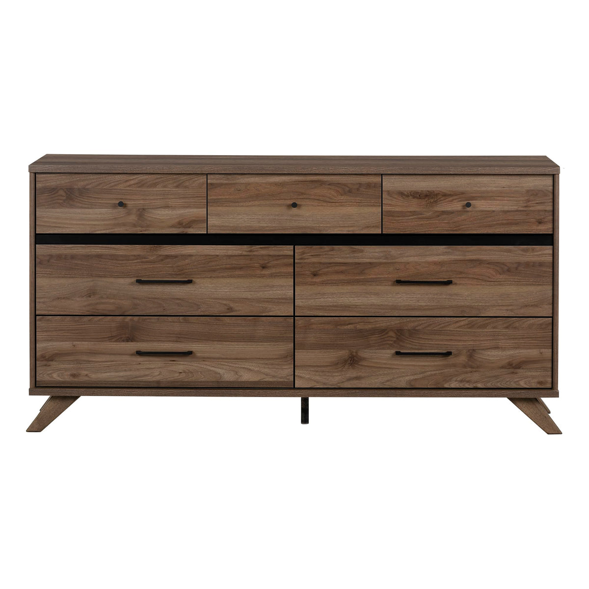 South Shore Flam 7-Drawer Dresser Natural Walnut And Matte Black, Scandinavian