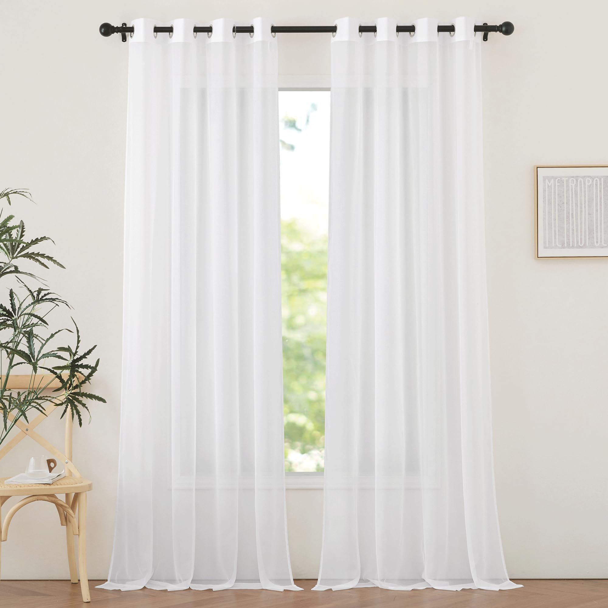 Nicetown Sheer Curtains 108 Inches Length For Windows, Grommet Top Elegant Ivory Voile Textured Window Treatment For Sliding Gla
