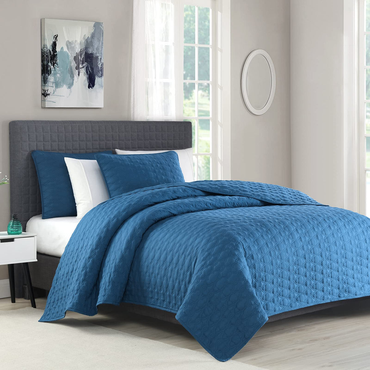Bourina Quilt Set Coverlet Set Quilting Bedspread 3-Piece Quilt Set Microfiber Lightweight, King 104' X 92' Turquoise