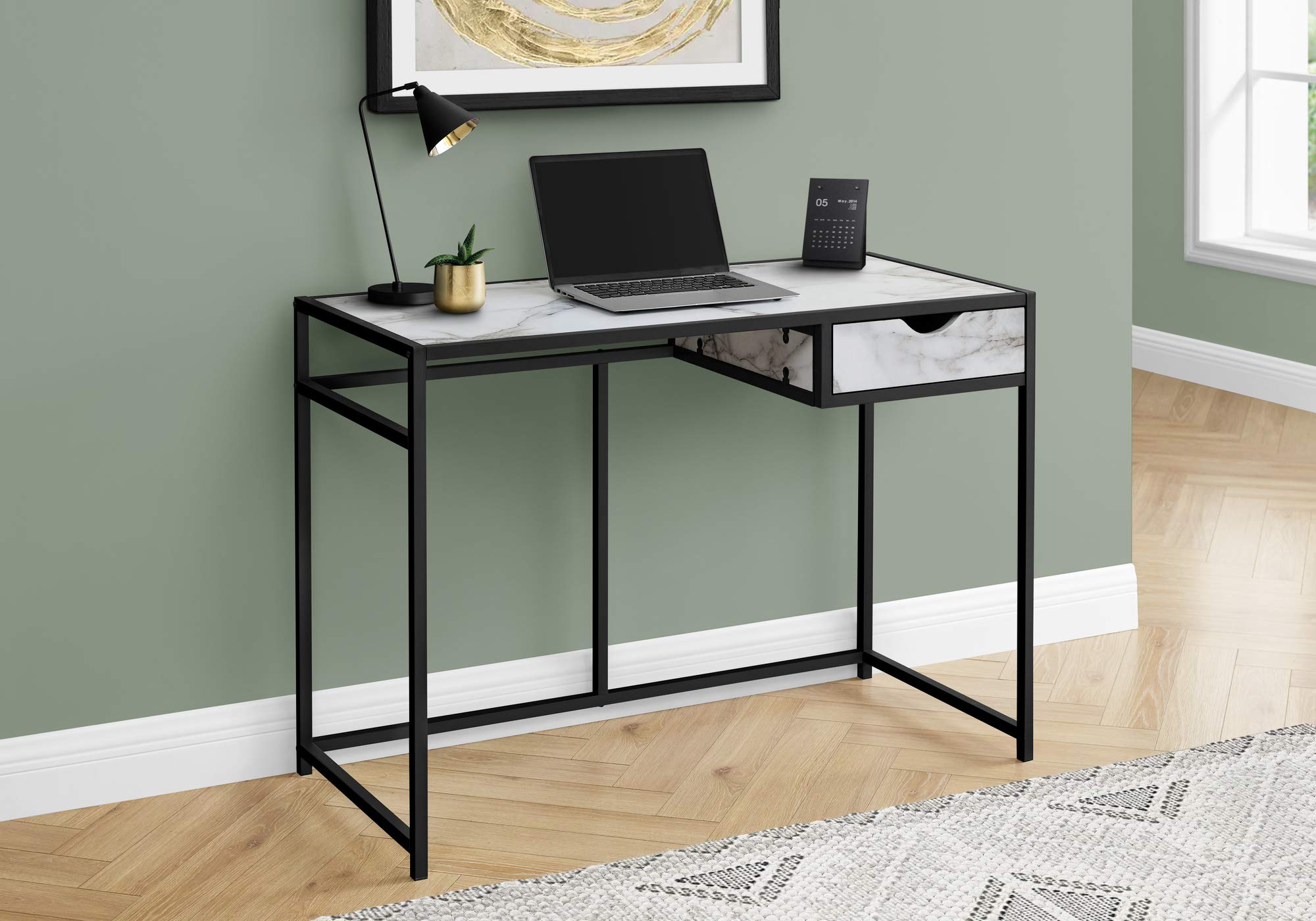 Monarch Specialties I 7571 Computer Desk, Home Office, Laptop, Storage Drawer, 42' L, Work, Metal, Laminate, White Marble Look, Black, Contemporary, Modern