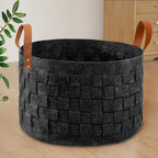 boldmonkey Laundry Basket 20' x20 x11.8, Large Round Blanket Basket with Leather Handle, Felt Storage Basket for Living Room, N