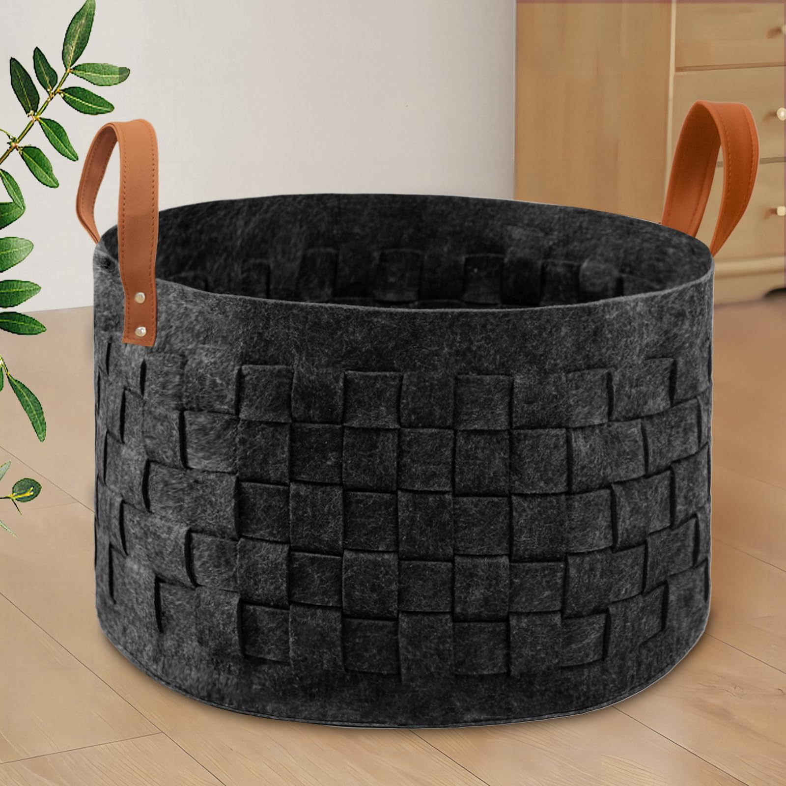 boldmonkey Laundry Basket 20' x20 x11.8, Large Round Blanket Basket with Leather Handle, Felt Storage Basket for Living Room, N