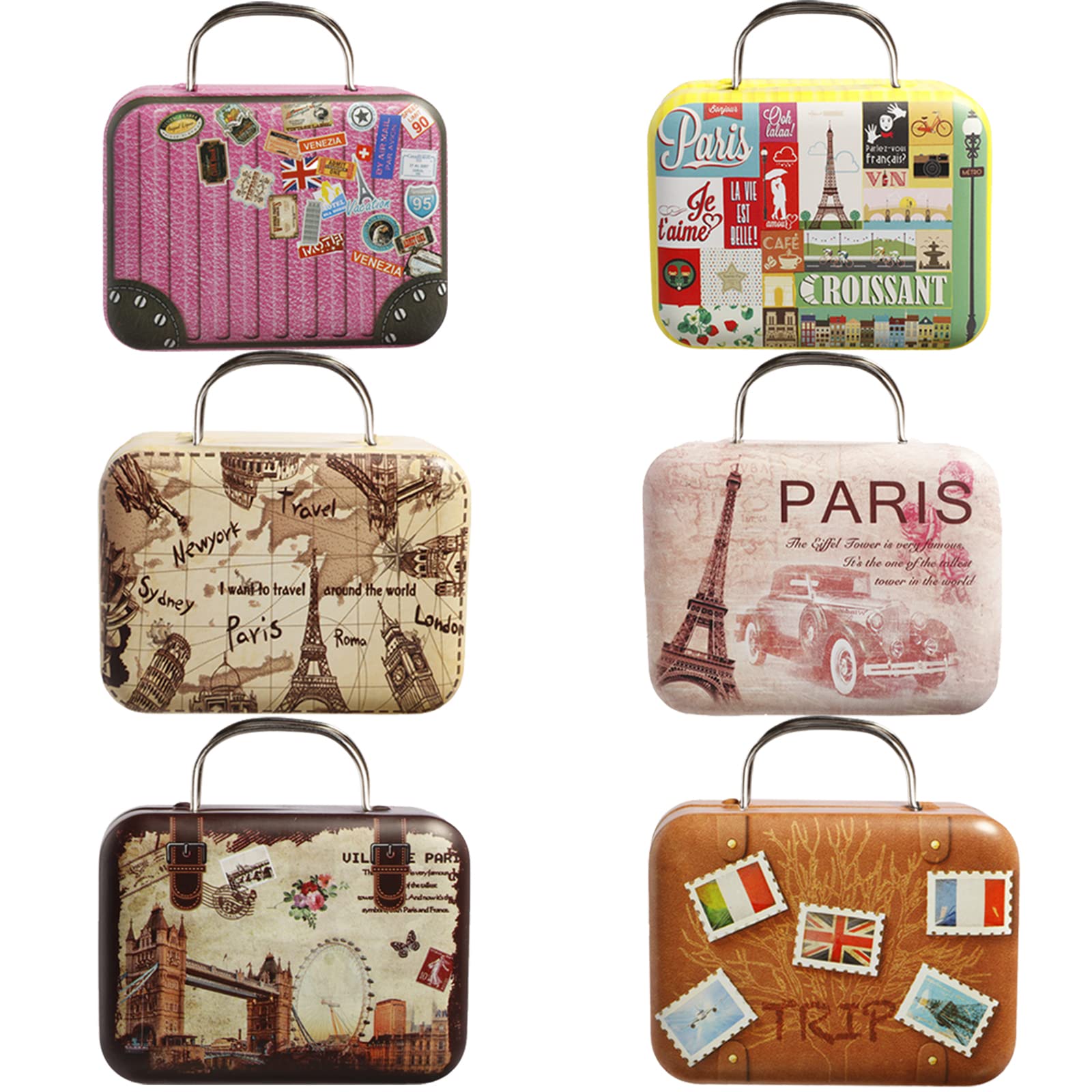 PangiFen 6pcs Tin Boxes with Lids Small Candy Boxes Party Favors,Suitcase Boxes with Handle for Travel Themed Wedding Decoration
