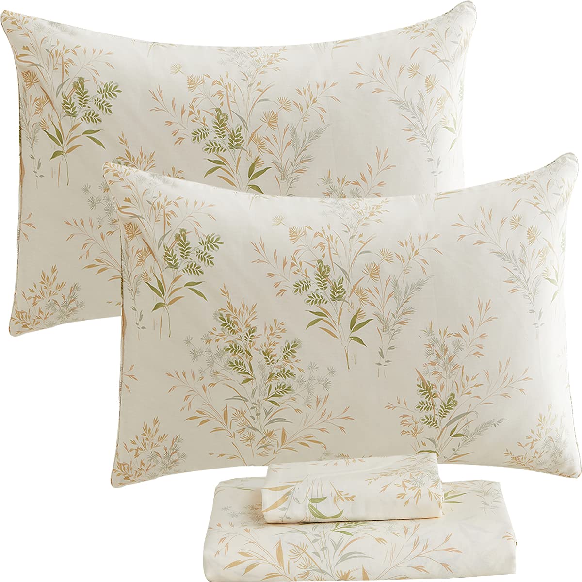 Fadfay Floral Leaves Bed Sheet Set Twin, Premium 100% Cotton 600 Tc Green & Cream Grils Flower Bedding Botanical Printed Super S