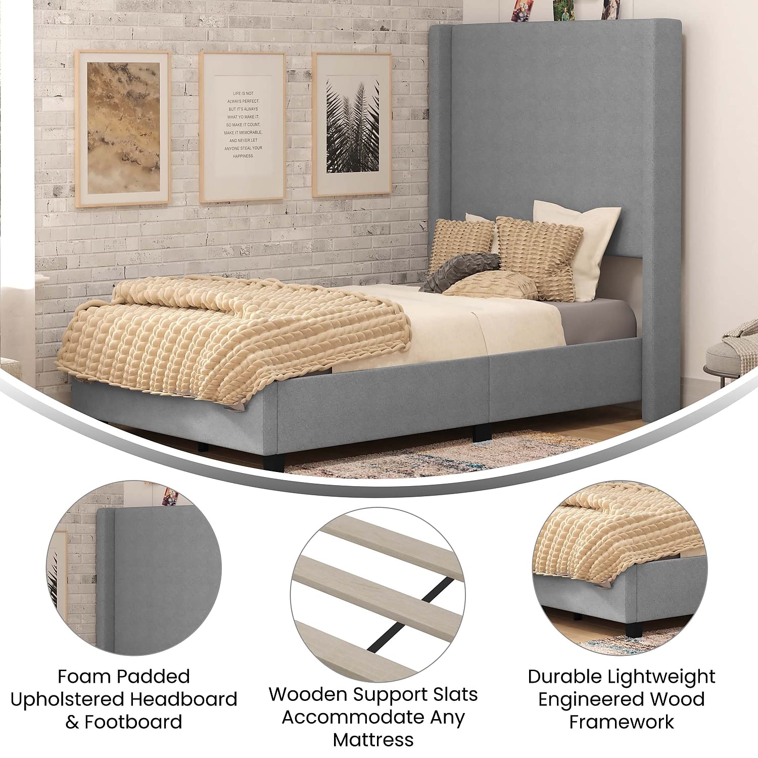 Flash Furniture Quinn Upholstered Platform Bed - Gray Channel Stitched Wingback Headboard - Twin - Mattress Foundation with Slatted Supports - No Box Spring Needed