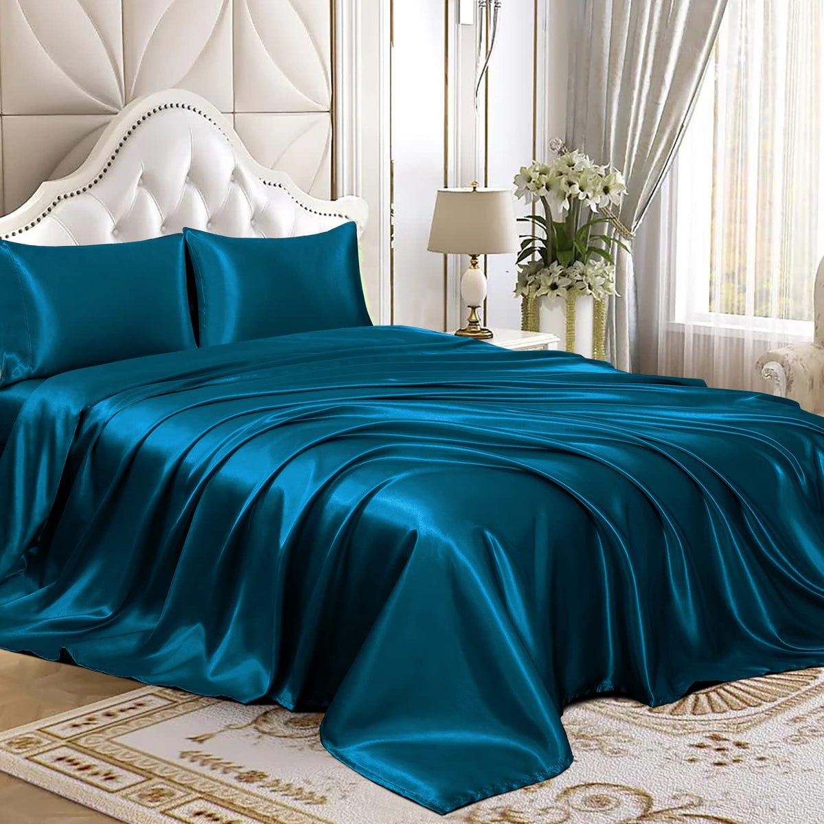 Homiest 5Pcs Satin Split King Sheets Sets For Adjustable Bed, Luxury Silky Satin Bedding Set With Deep Pocket, 2 Fitted Sheets +