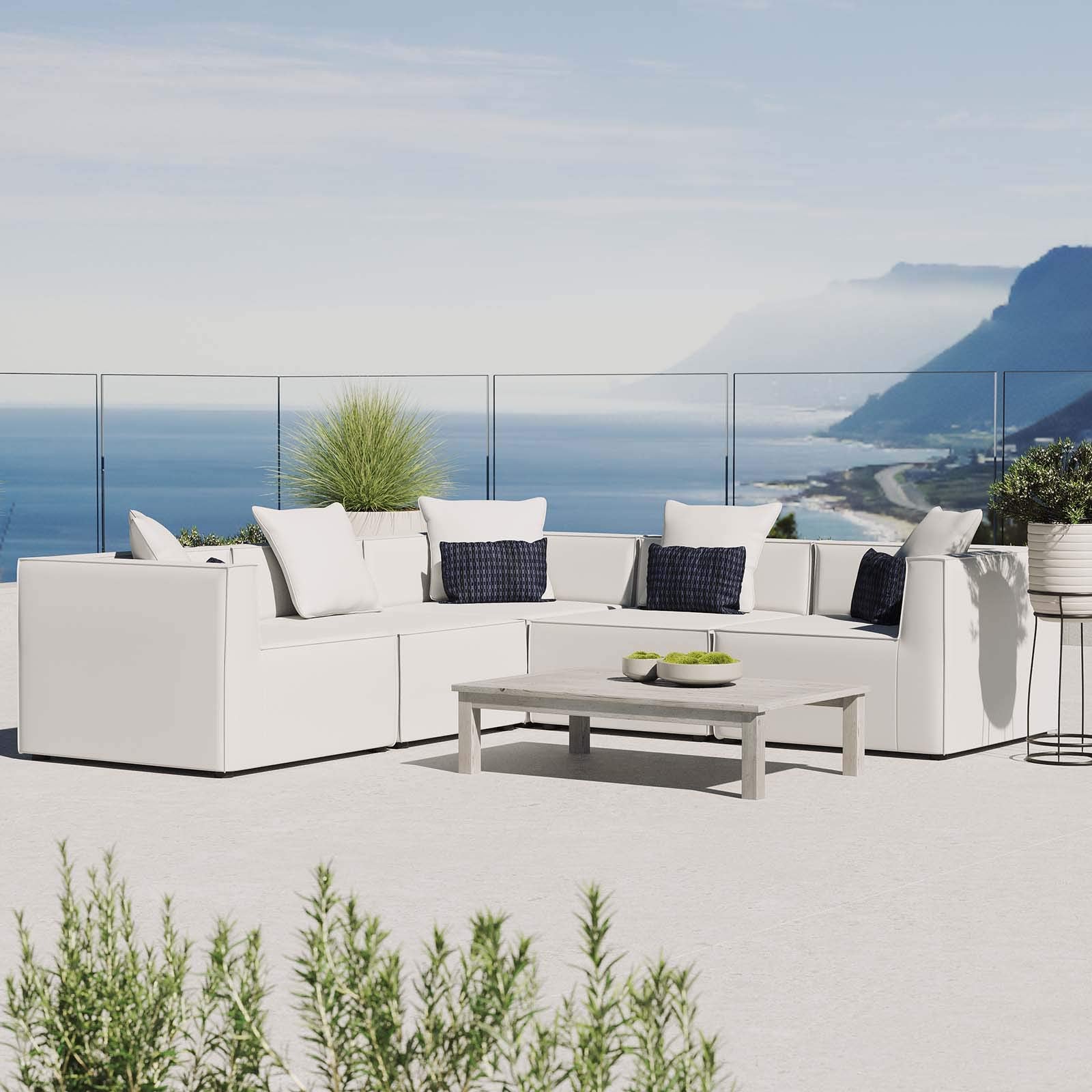 Modway Eei-4384-Whi Saybrook Patio Upholstered Sectional Sofa In White, 5-Piece Set