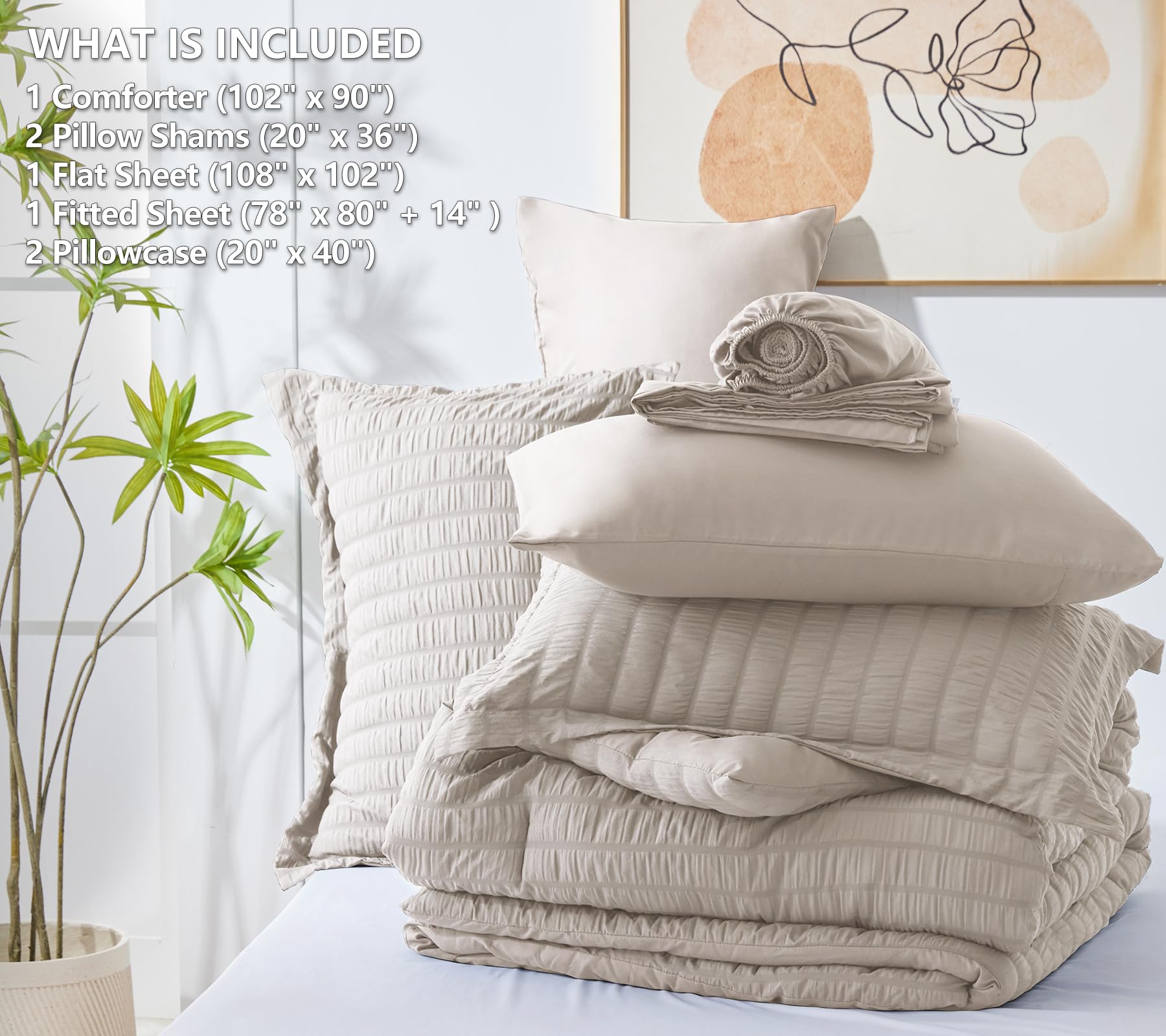 Cozylux King Seersucker Comforter Set With Sheets Beige Bed In A Bag 7-Pieces All Season Bedding Sets With Comforter, Pillow Sham, Flat Sheet, Fitted Sheet, Pillowcase