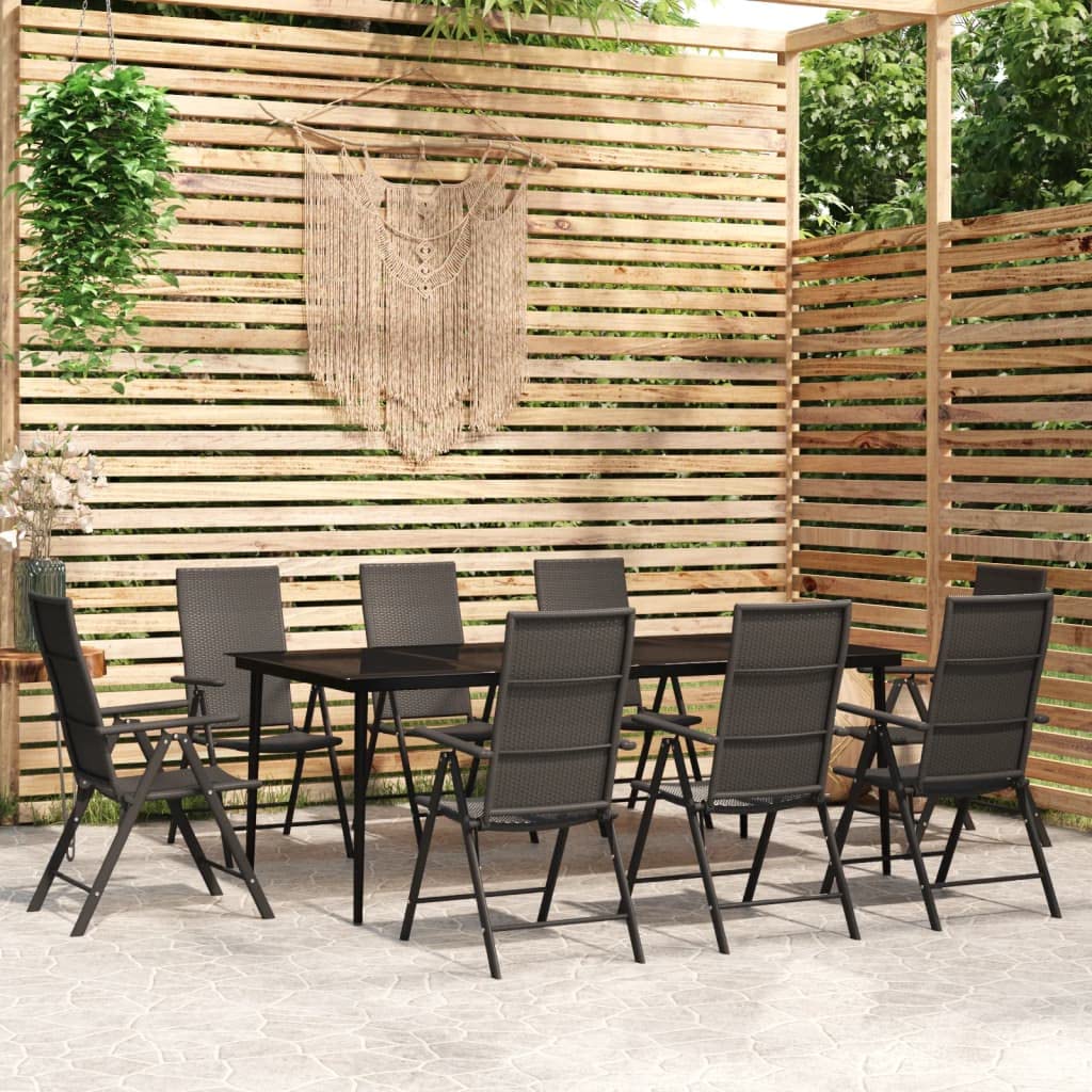 vidaXL Patio Dining Set 7 Piece - Black Outdoor Garden Dinner Table and Chairs, Powder-Coated Steel & PE Rattan with Reclining Backrests