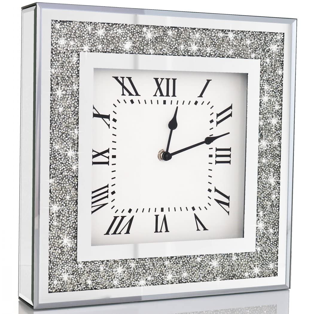 Crystal Crush Diamond Mirrored Square Wall Clock with Sparkle Twinkle Bling Diamond Decor for Wall Decoration, 12x12inch Decorat