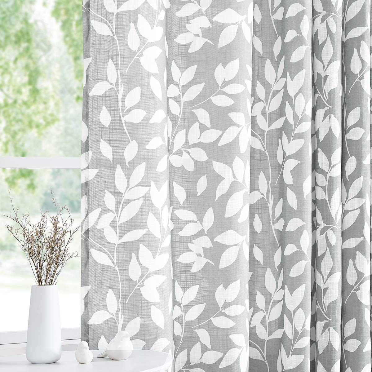 Treatmentex White and Grey Curtains for Bedroom 84 Length Semi-Sheer Print Leaf Curtains for Living Room Windows, Grommet Top, 2