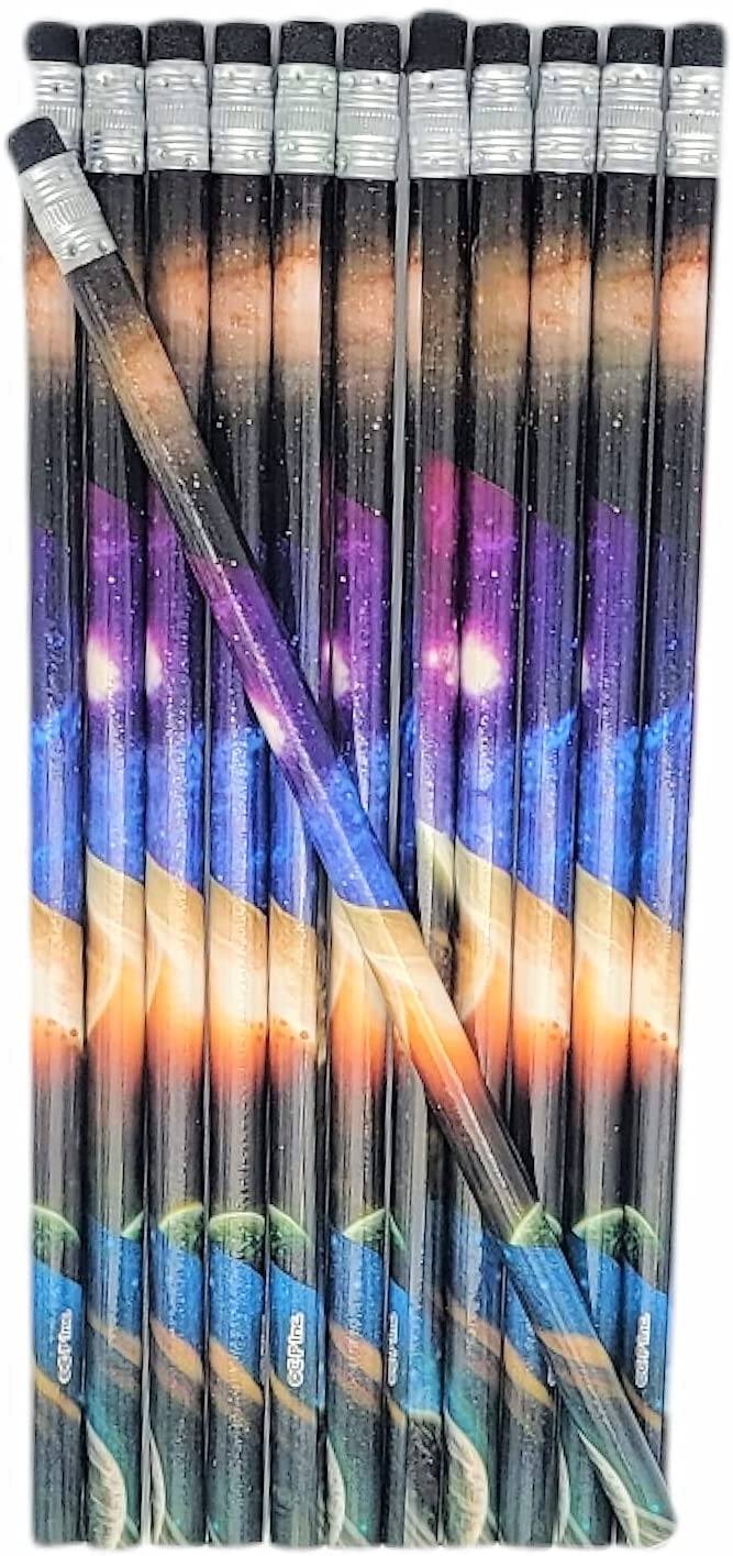 Zugar Land Outer Space Solar System Planets Print #2 Lead 7.5' Pencils (12 Pieces) Cosmos Galaxy Night Sky Moon Earth Saturn (1