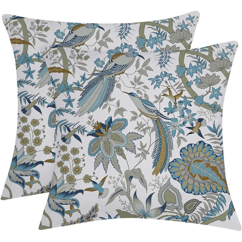 Japanese Throw Pillow Covers Ink Chinese Traditional Blue Outdoor Pillows Blue Birds Flowers Pillow Covers Asian Style18X18Inch