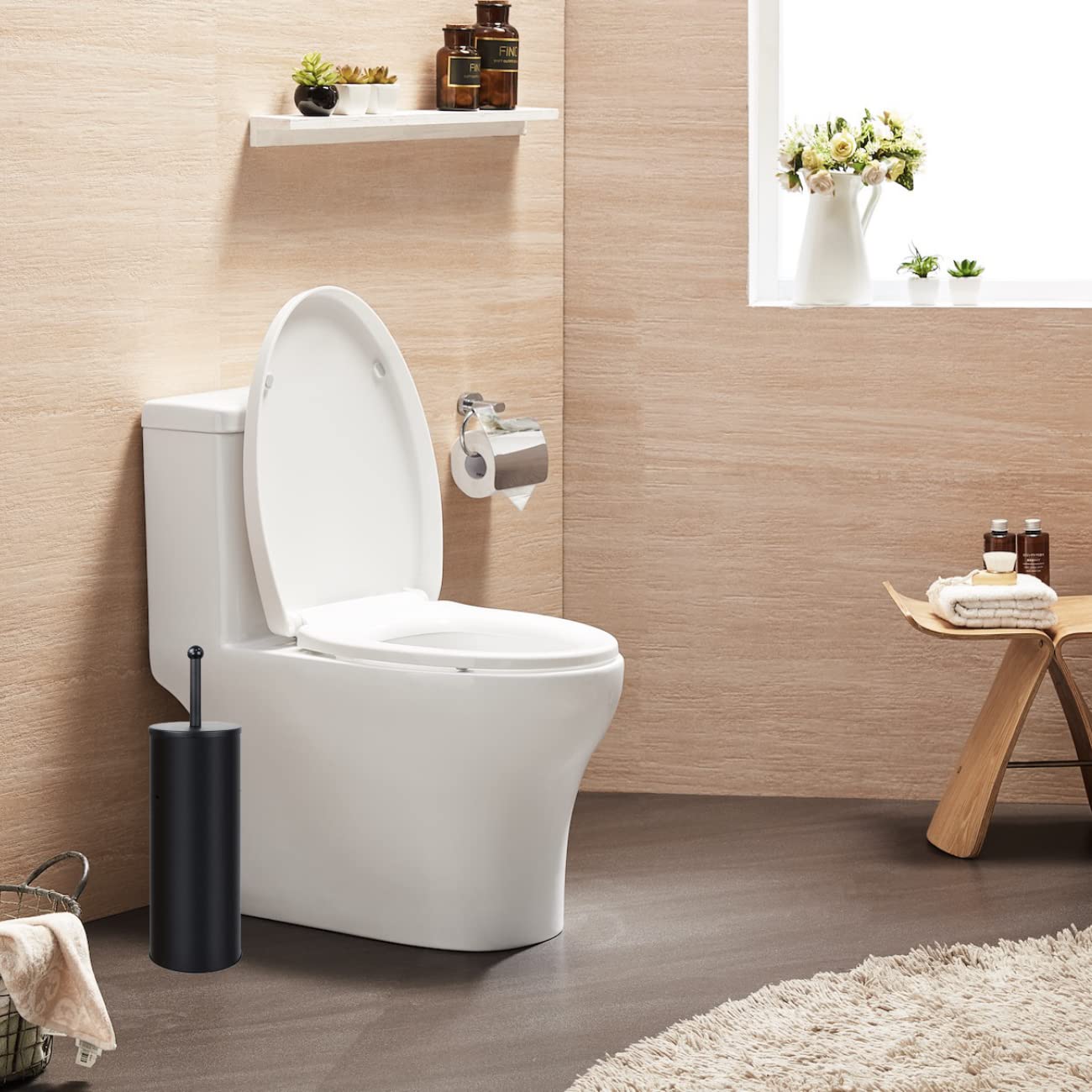 Black Toilet Plunger With Holder Bathroom Metal Canister Holder Drip Cup, Heavy Duty, Deep Cleaning