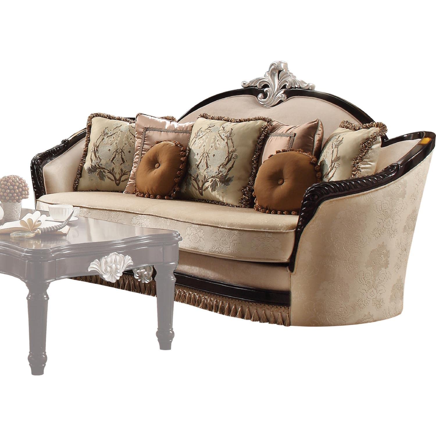 Acme Ernestine Sofa (with 7 Pillows) in Tan Fabric & Black