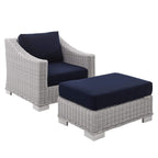 Modway Conway Sunbrella Outdoor Patio Wicker Rattan 2-Piece Armchair And Ottoman Set, Light Gray Navy