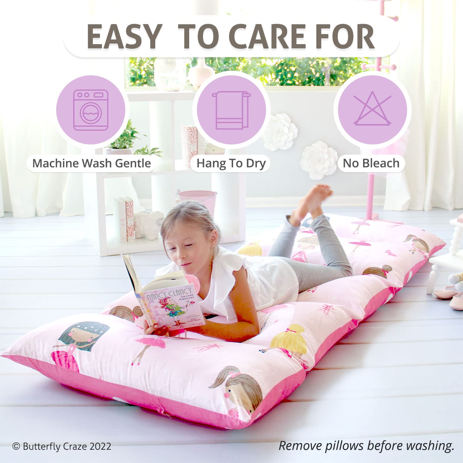 Butterfly Craze Floor Pillow Case, Mattress Bed Lounger Cover, Pink Ballerina, Queen Size - Cozy Seating Solution For Kids & Adu