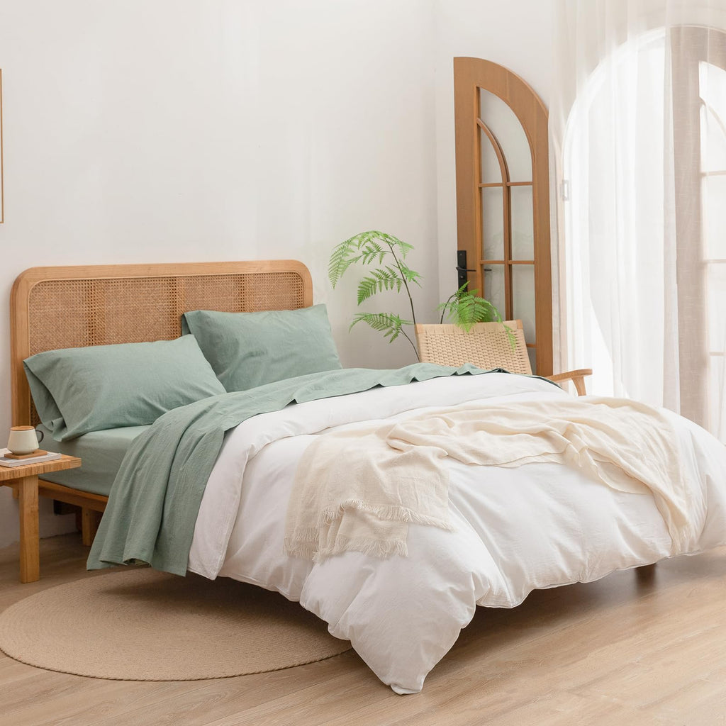Bestouch Sheet Set 100% Washed Cotton Linen Feel Super Soft Comfortable Chic Lightweight 3 Pcs Home Bedding Set Solid Green Twin