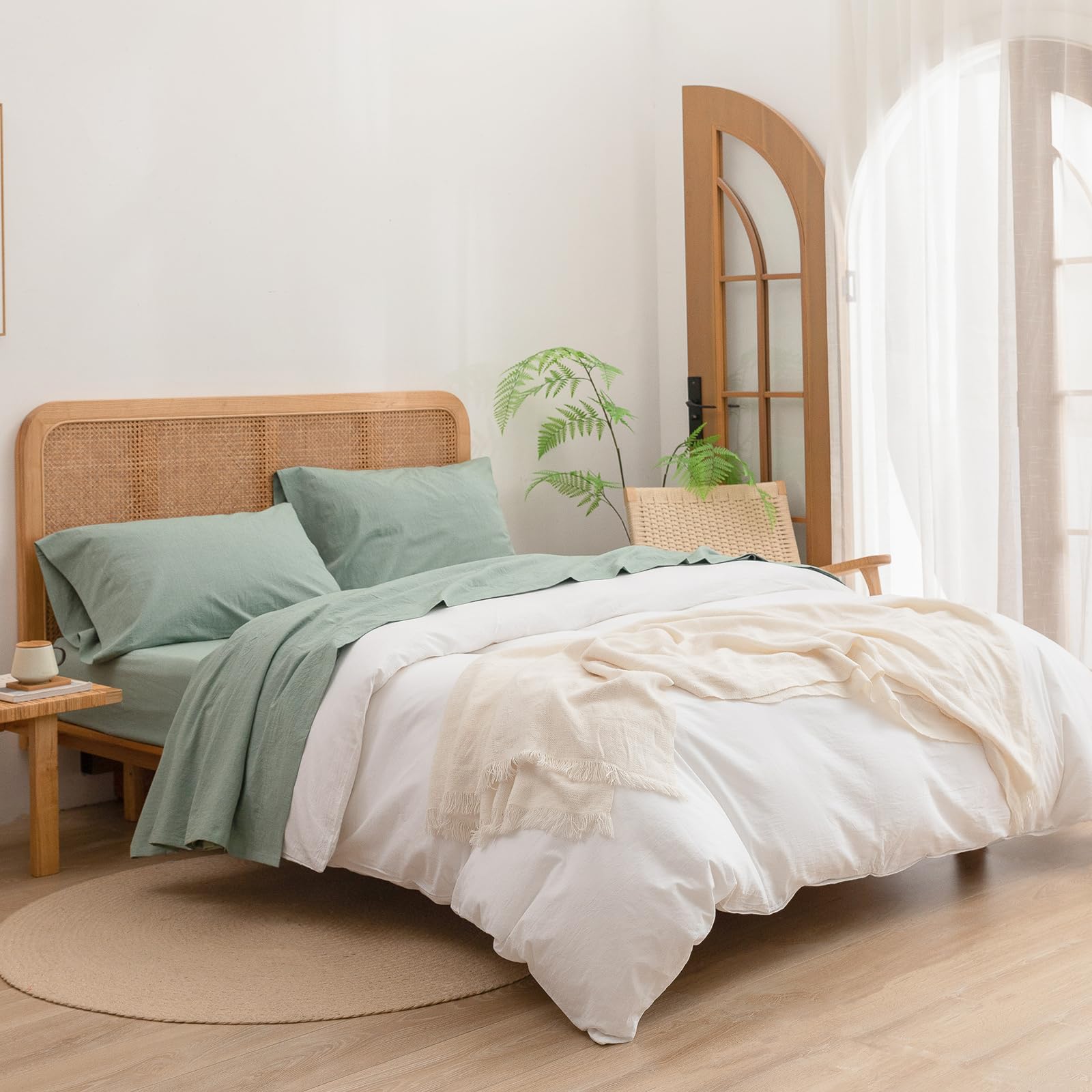 Bestouch Sheet Set 100% Washed Cotton Linen Feel Super Soft Comfortable Chic Lightweight 4 Pcs Home Bedding Set Solid Green Quee