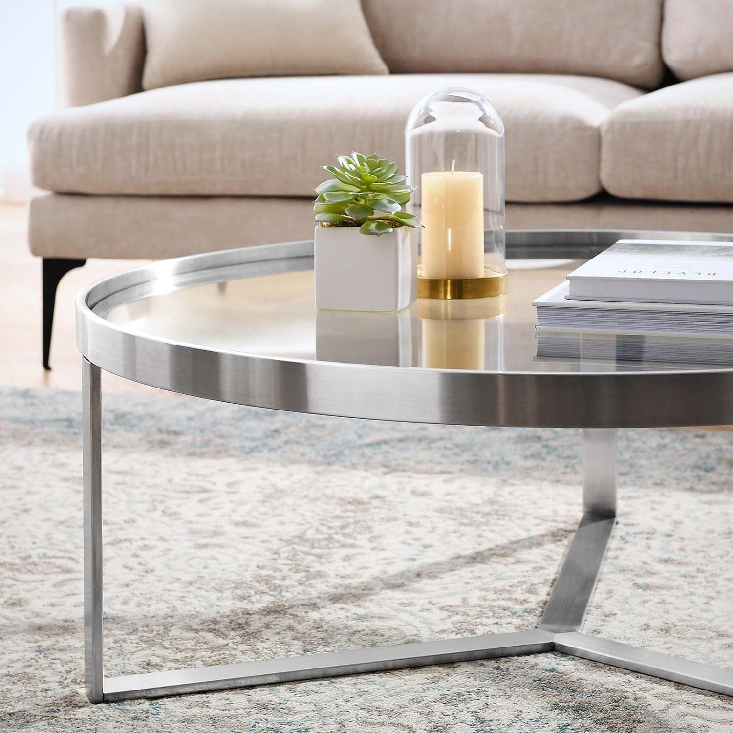 Modway Relay Glass And Metal Accent Side Table, Silver, 35.5 X 35.5 X 13.5