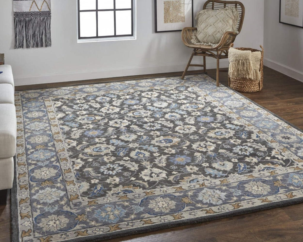 HomeRoots 514830 8 x 10 ft. Taupe Blue & Ivory Wool Floral Hand Tufted Handmade Stain Resistant Rectangle Area Rug