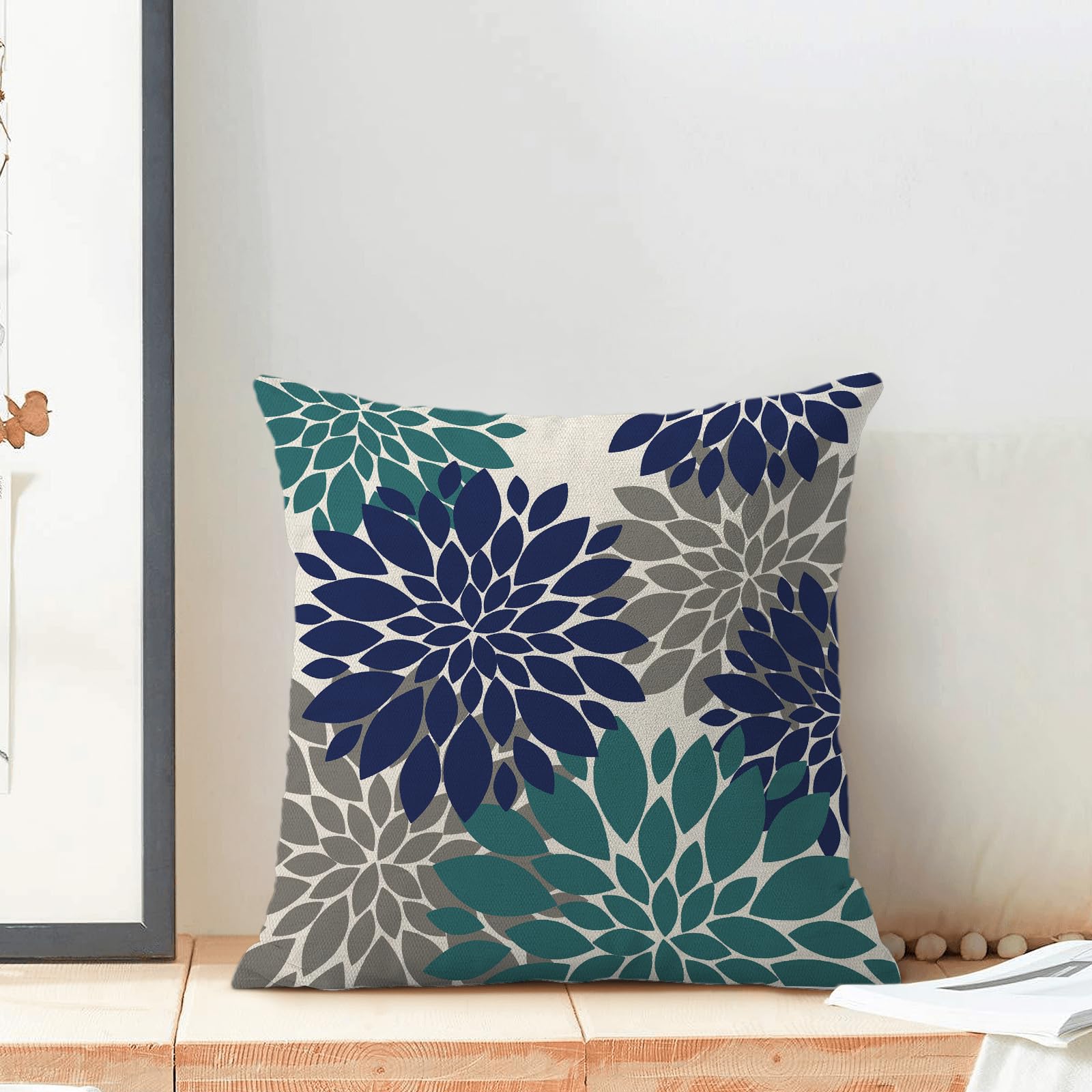 Cxmeifly Navy Blue Summer Outdoor Pillow Covers 18X18 Inch Set Of 2 Aqua Teal Grey Dahlia Floral Decor Throw Pillows Modern Geom