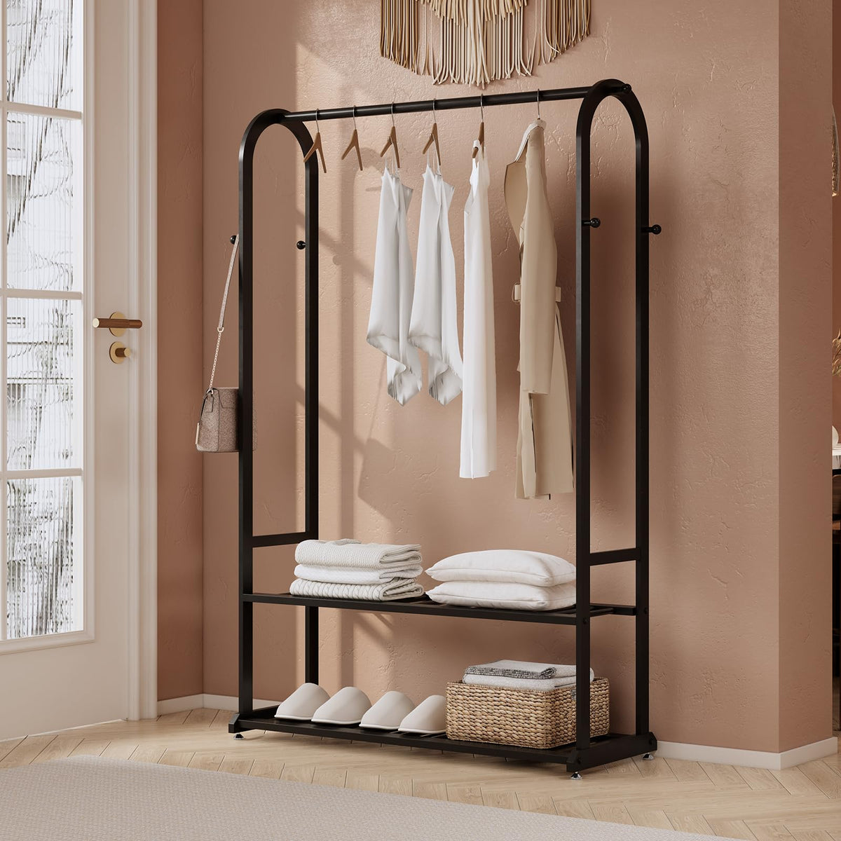 ZEYEXE Freestanding Clothes Rack,Sturdy Metal Garment Racks for Hanging Clothes,Black Clothing Racks with bottom shelves & 6 Hoo