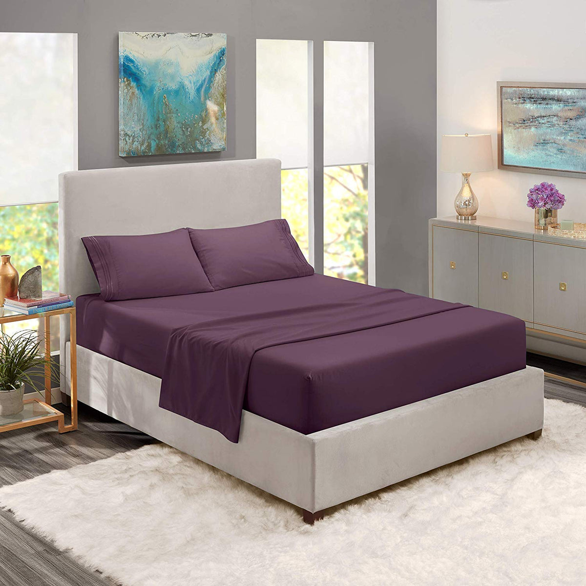 1200 Thread Count 4Pc King Size Egyptian Bed Sheet Set,Deep Pocket, Dark Purple