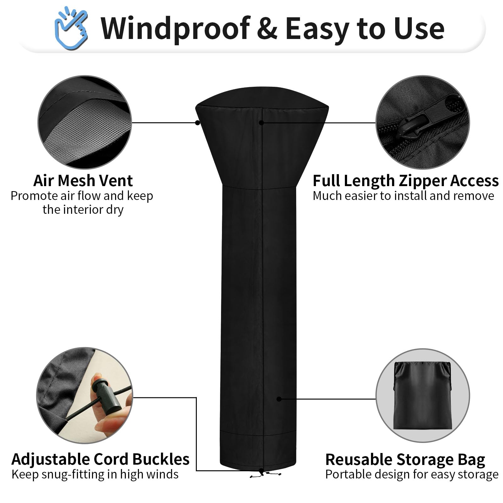 Outdoorlines Waterproof Outdoor Patio Heater Covers With Zipper And Storage Bag, Dust-Proof Uv-Resistant Windproof Propane Heavy Duty Heater Cover For Standing Heater, 1 Pack-89Hx33Dx19B Inch Black