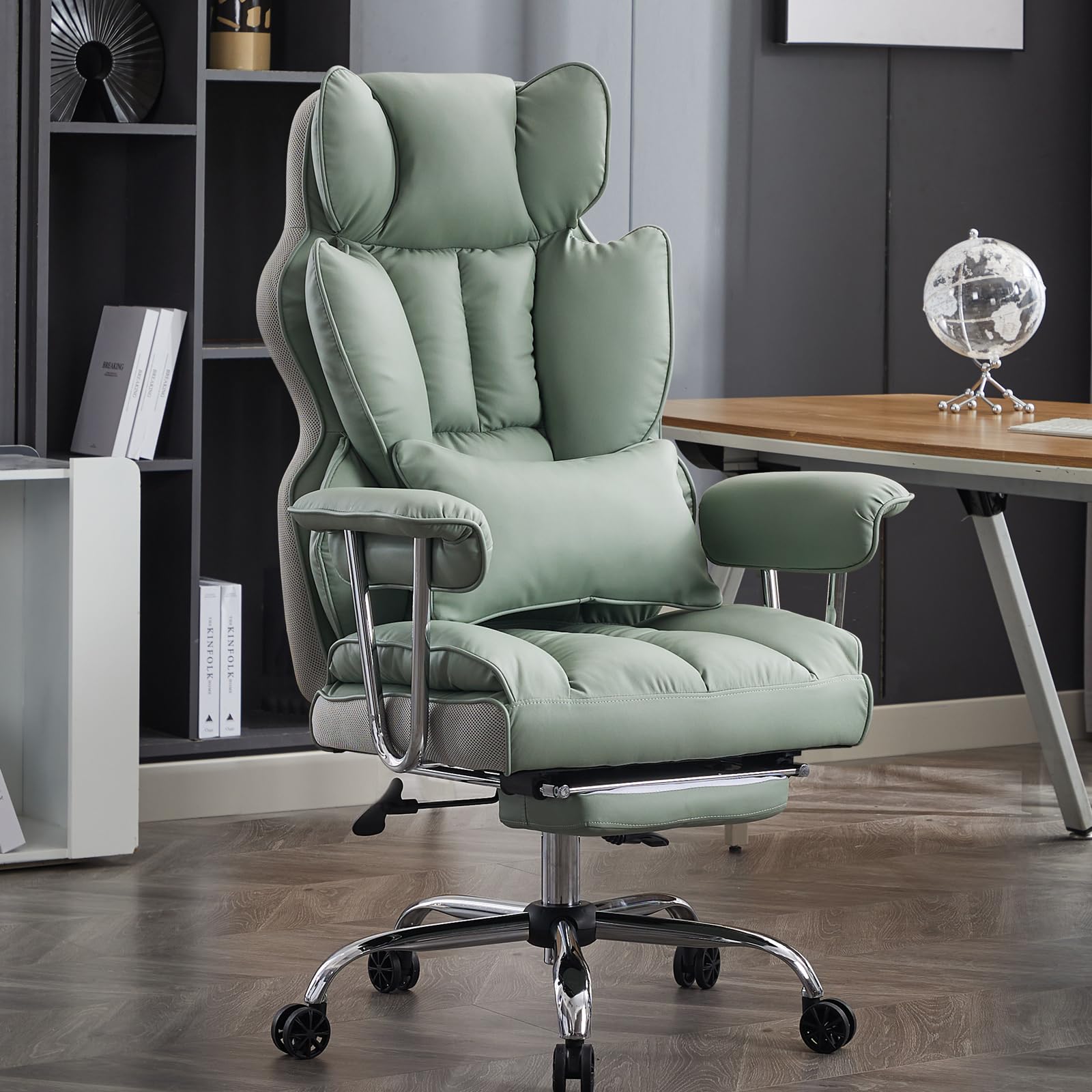 Efomao Desk Office Chair 400Lbs, Big And Tall Office Chair, Pu Leather Computer Chair, Executive Office Chair With Leg Rest And Lumbar Support, Light Green Office Chair