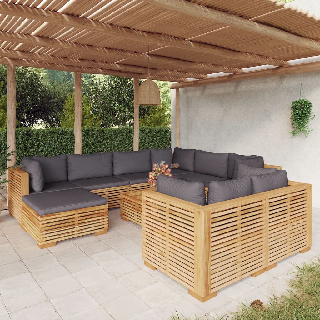 vidaXL 10 Piece Patio Lounge Set with Cushions - Solid Teak Wood Outdoor Furniture for Garden, Deck, and Terrace in Brown and Dark Gray