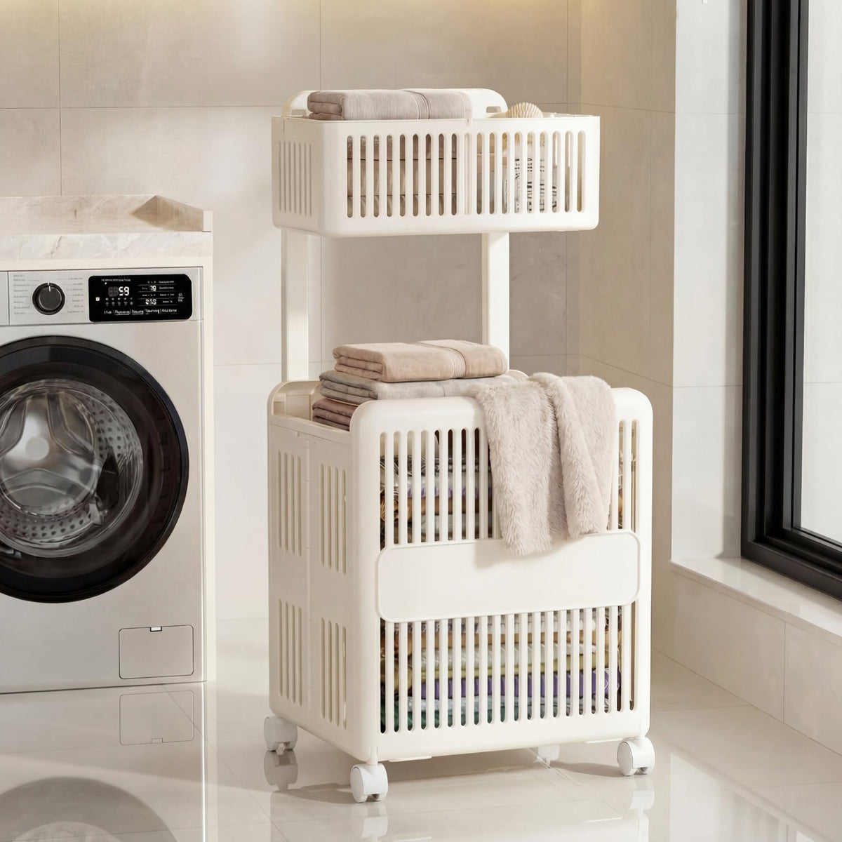 Leinuosen Foldable 2tier Plastic Laundry Basket with Wheels and Handle 43.8 L Double Collapsible Laundry Hamper Multifunction 