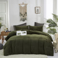 Houseri Olive Green Velvet Comforter Set Queen Fluffy Army Green Comforter Bedding Sets Queen Size Dark Green Sherpa Comforter P