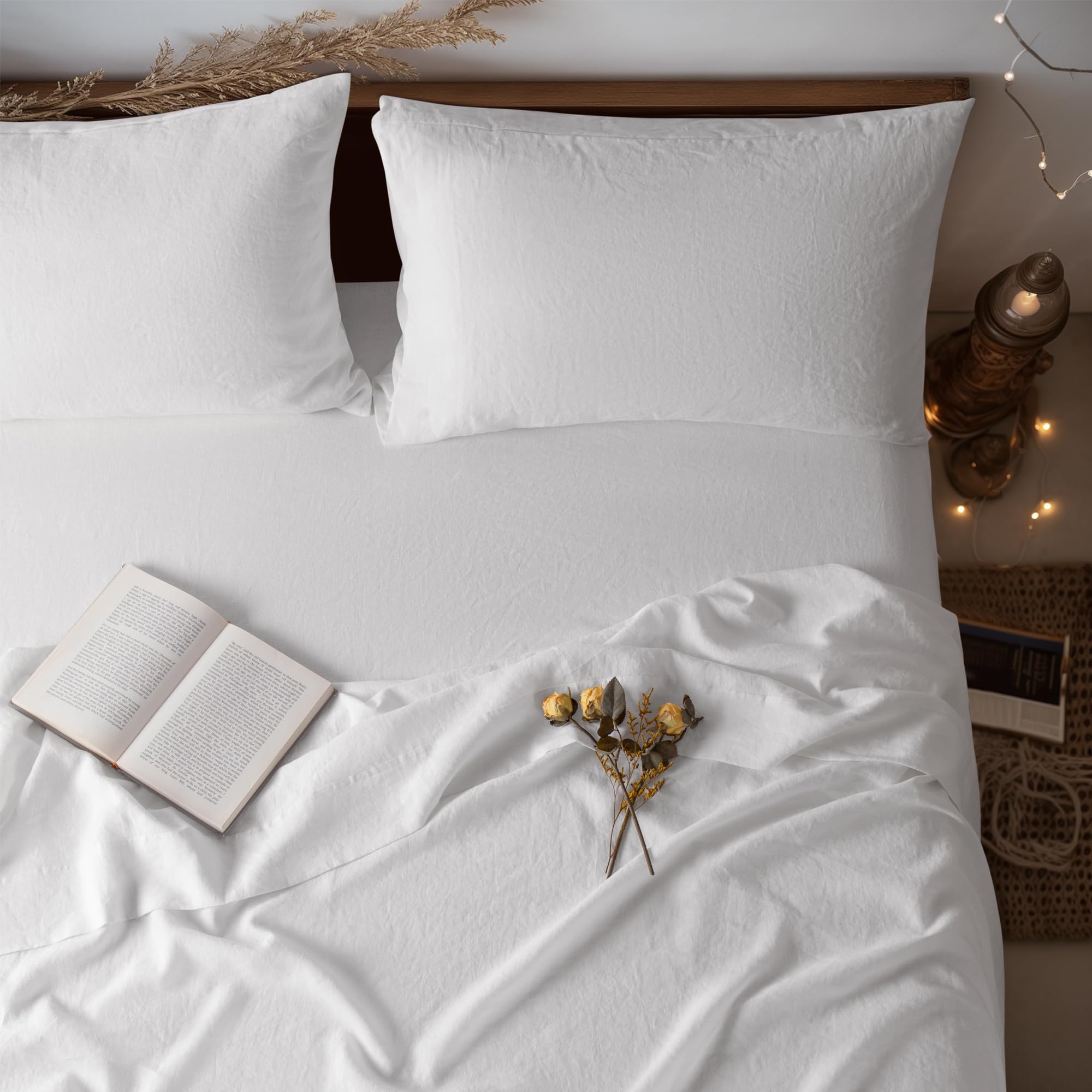 Lbr02M 100% Linen Sheet Set Full Size, Bed Sheets 4 Piece Sets, Solid Color Natural Flax Bed Sheets Soft Breathable Bedding,16'