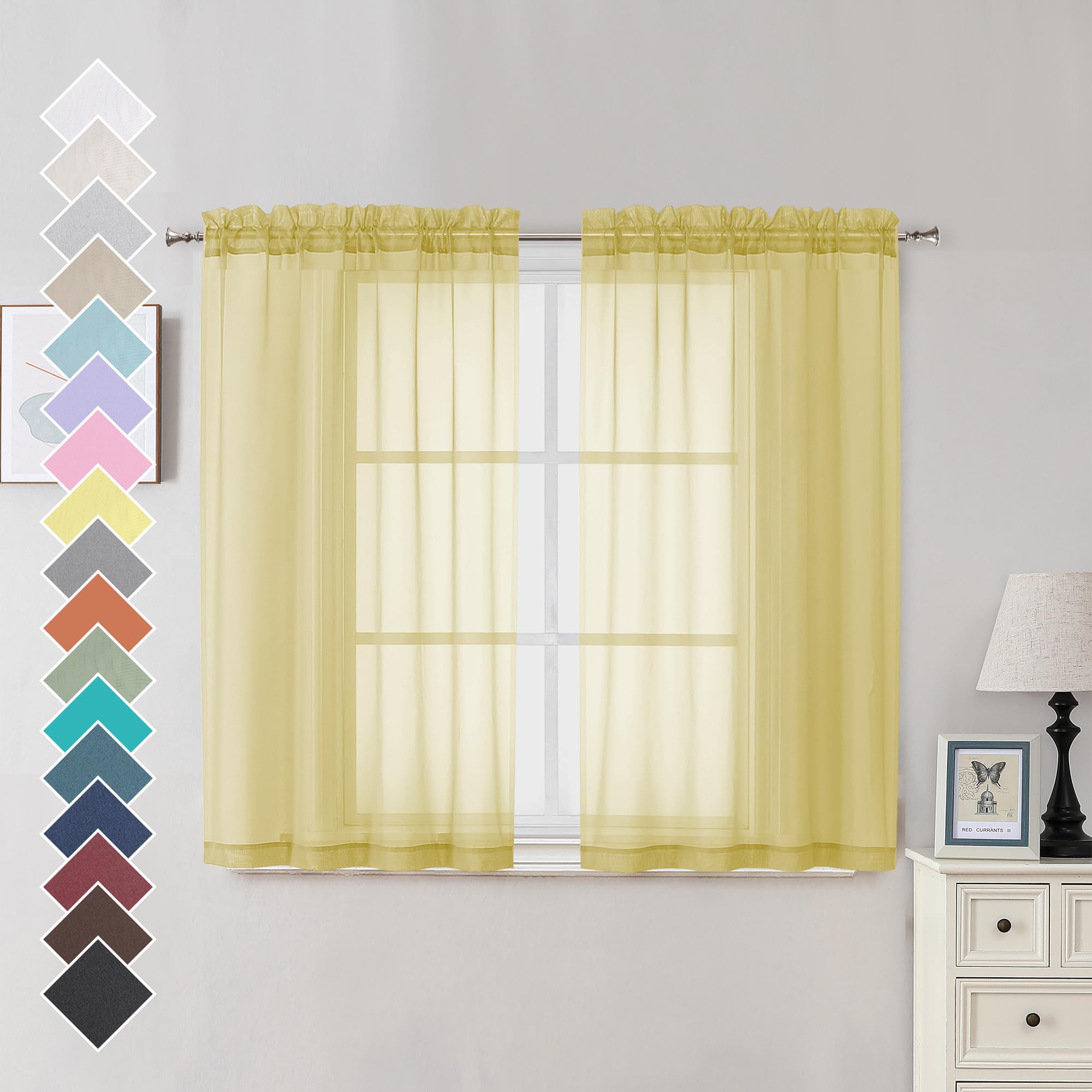 Ovzme Mustard Yellow Sheer Curtains 45 Inches Long 2 Panels, Light Filtering Sheer Curtains For Bedroom, Elegant Airy Draperies