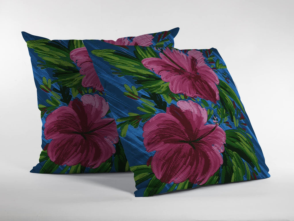 HomeRoots Hot Pink On Blue Broadcloth 28â€ Pink Blue Hibiscus Indoor Outdoor Throw Pillow