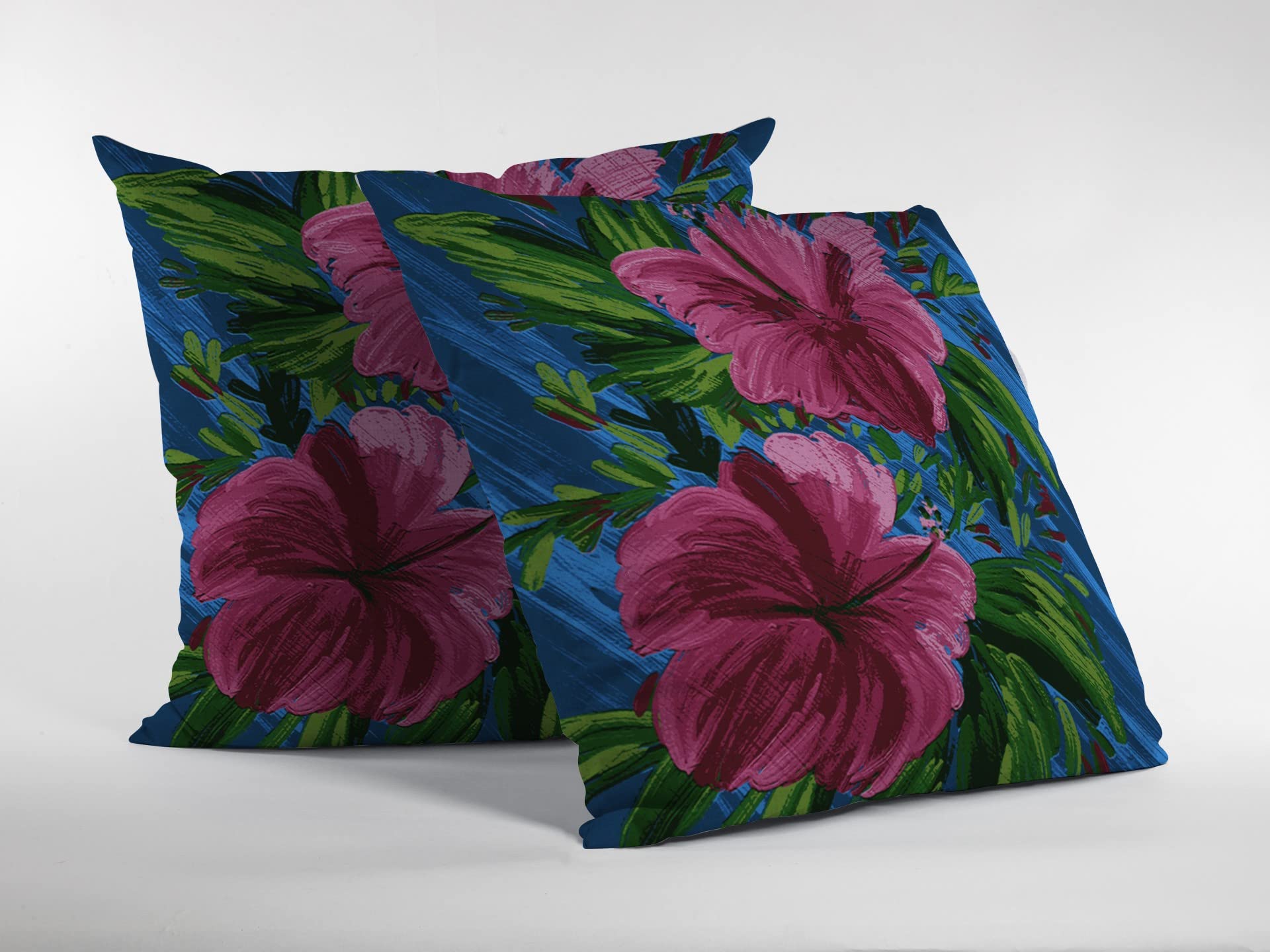 HomeRoots Hot Pink On Blue 16â€ Pink Blue Hibiscus Suede Decorative Throw Pillow