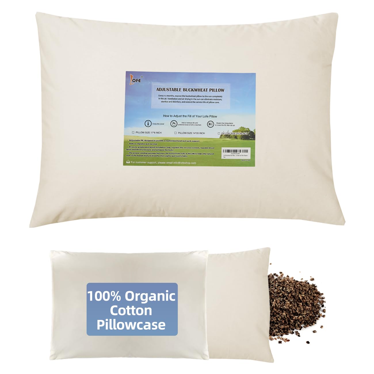 LOFE Organic Buckwheat Pillow with Organic Cotton Pillowcase - Kids/Travel Size 11"x16" Adjustable Firm Pillow, Cervical Support for Back and Side Sleepers, Off White