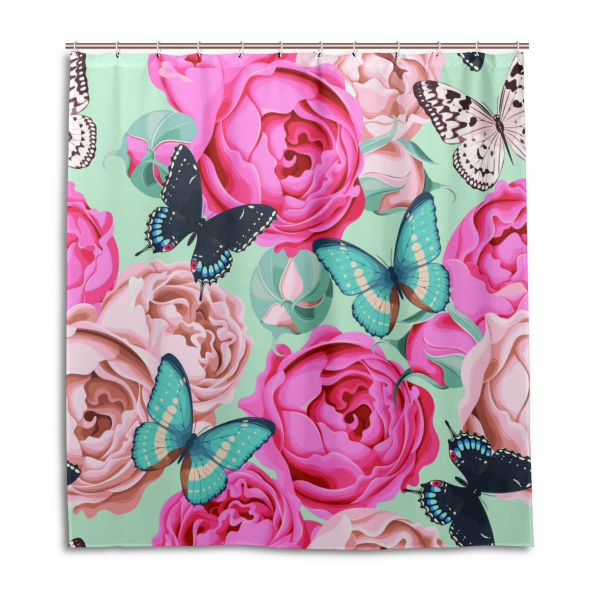 My Little Nest Waterproof Shower Curtain For Bathroom Fresh Flowers And Butterflies Polyester Fabric Bath Stall Curtain With Free Hooks 66X72''