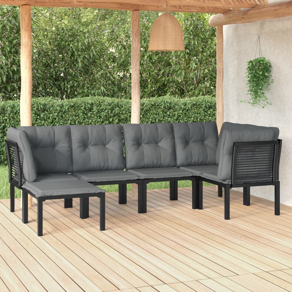 vidaXL Patio Lounge Set 6 Piece, Sectional Sofa Set with Cushions, Conversation Set with Outdoor Footstool, Modern Style, Black and Gray Poly Rattan
