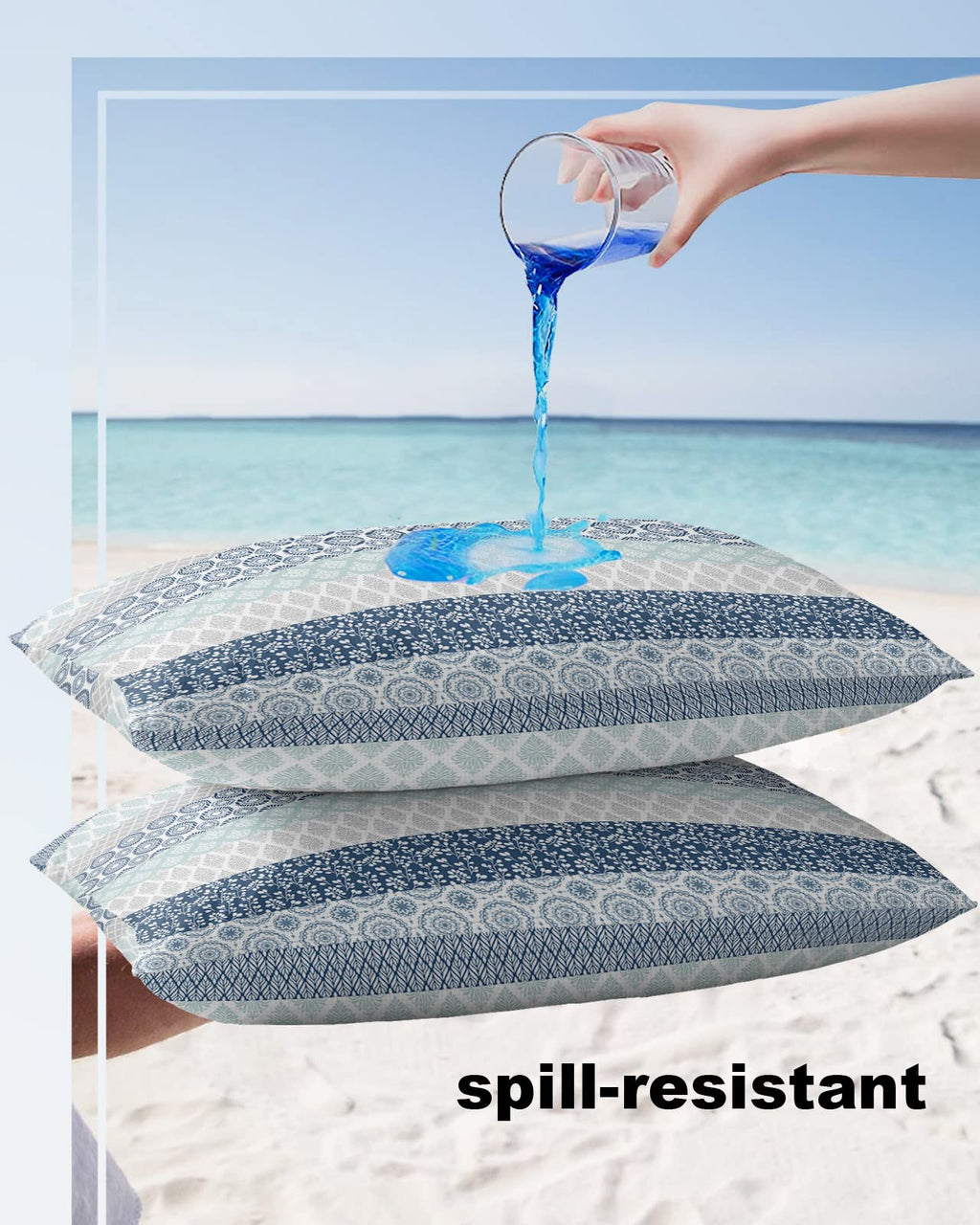 Outdoor Waterproof Throw Pillow Covers Set Of 2 Blue Boho Stripe Tribal Vingtage Lumbar Pillowcases 20X12 Inches Bohemian Style