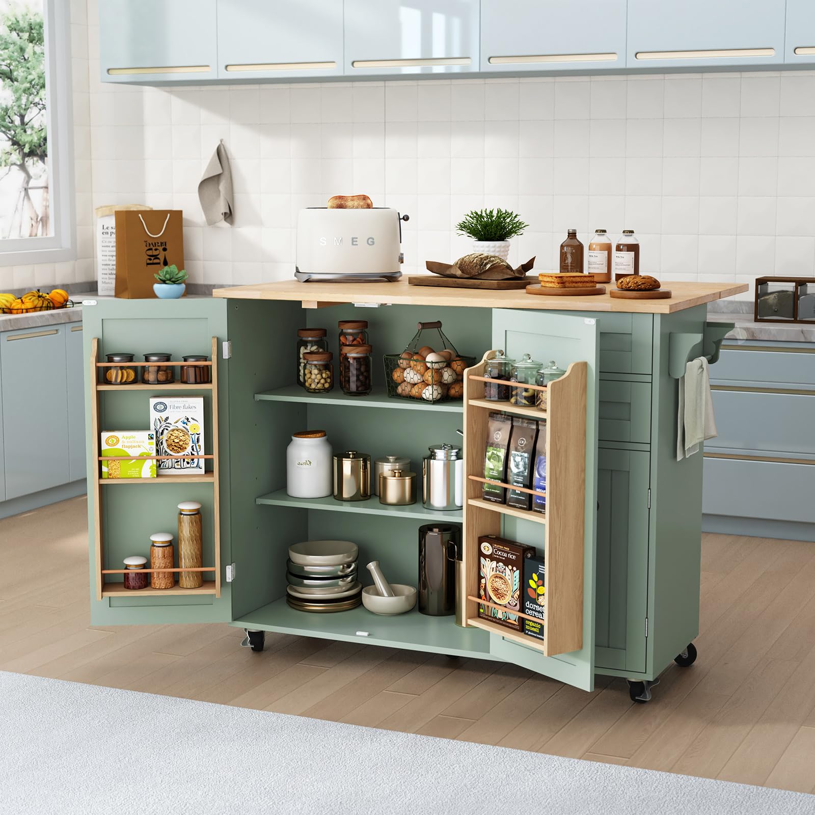 Hlr Rolling Kitchen Island With Storage, Drop-Leaf Bar Countertop, Spacious Solid Rubberwood Top, Modern Style