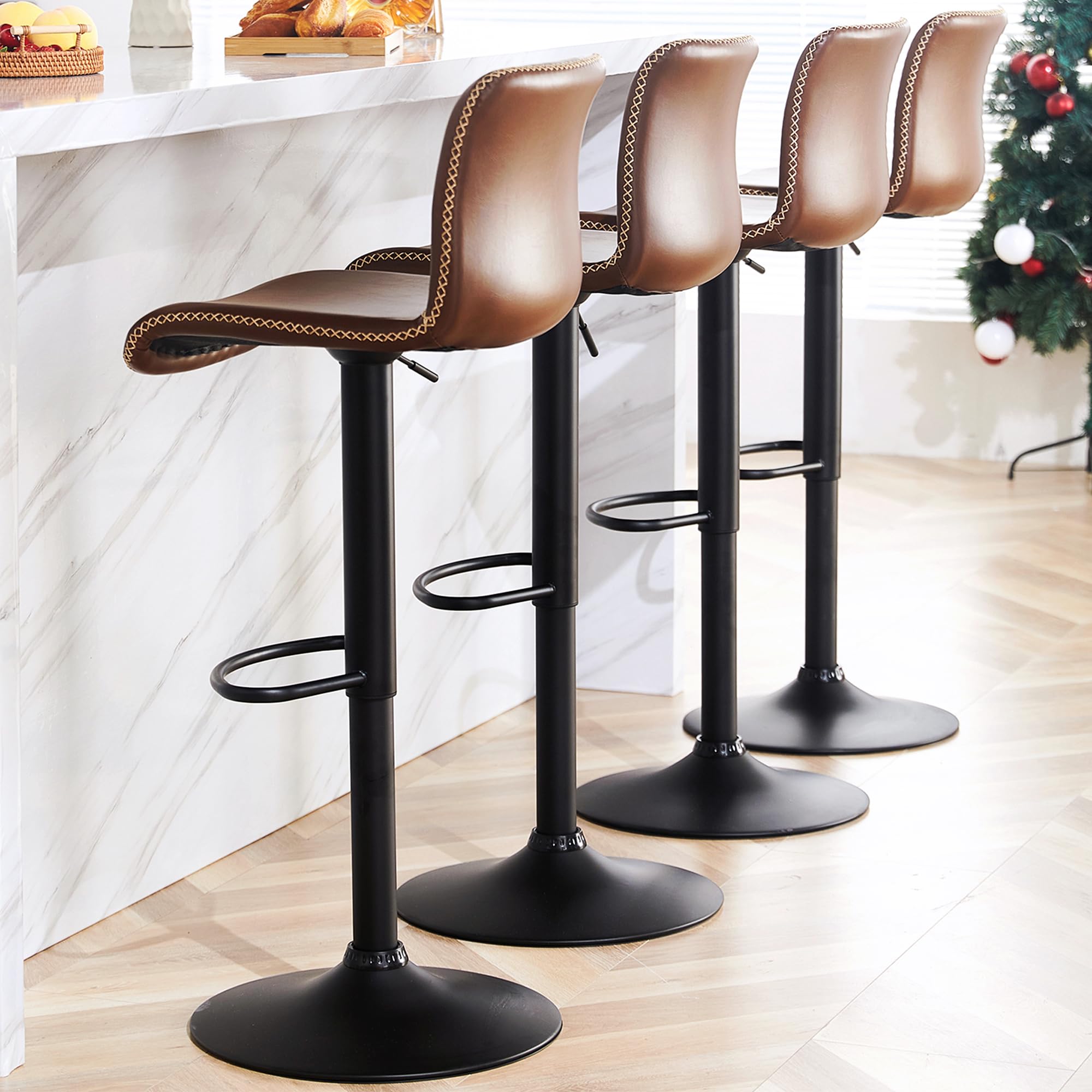 HeuGah Swivel Bar Stools Set of 4, Counter Height Bar Stools with Back, Adjustable Bar Stools 24 to 32, Brown Faux Leather Bar S