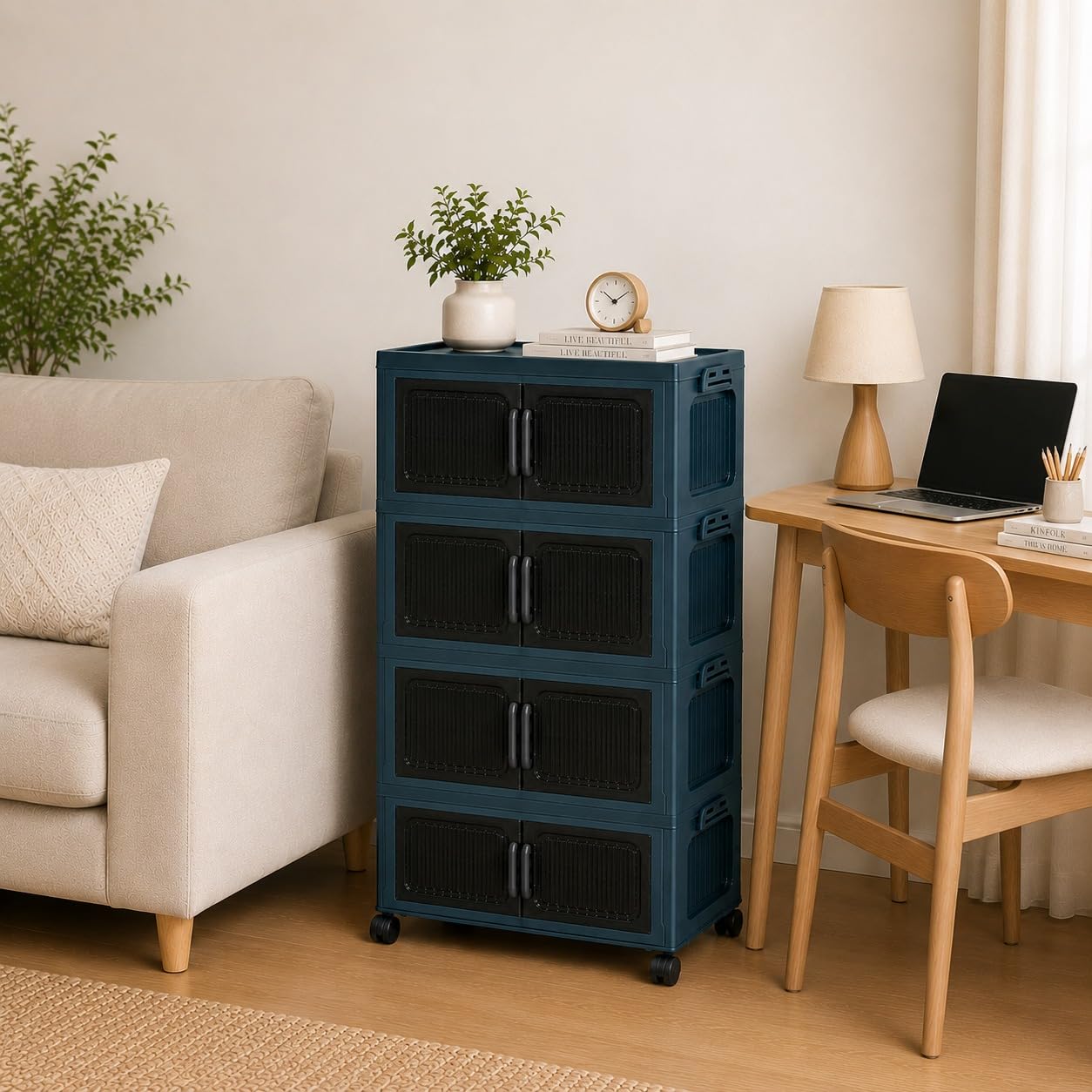 Tarkan Diy Stackable Storage Cabinet With Wheels, 50X22X86 Cm, 4Tier Magnetic Door Organiser, Transparent Panels, Navy Blue