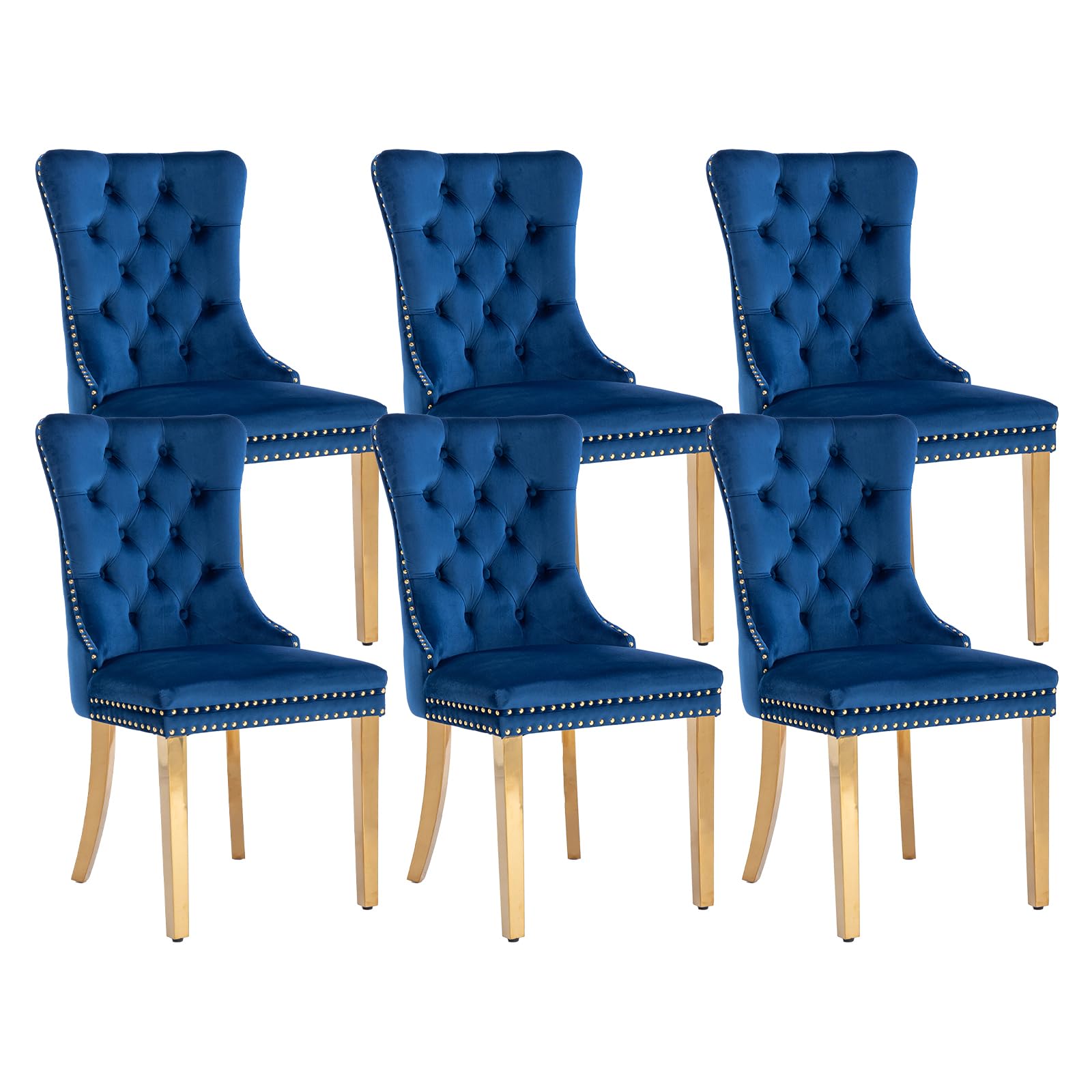 Blue Velvet Dining Chairs Set Of 6, Dining Room Chairs Set Of 6, Tufted Upholstered Dining Room Chair, Back Ring Pull Trim, Gold