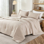 Litanika Khaki Comforter Set Queen Size, 3 Pieces Solid Bedding Comforter Set, All Season Down Alternative Bed Set (90X90In Comf