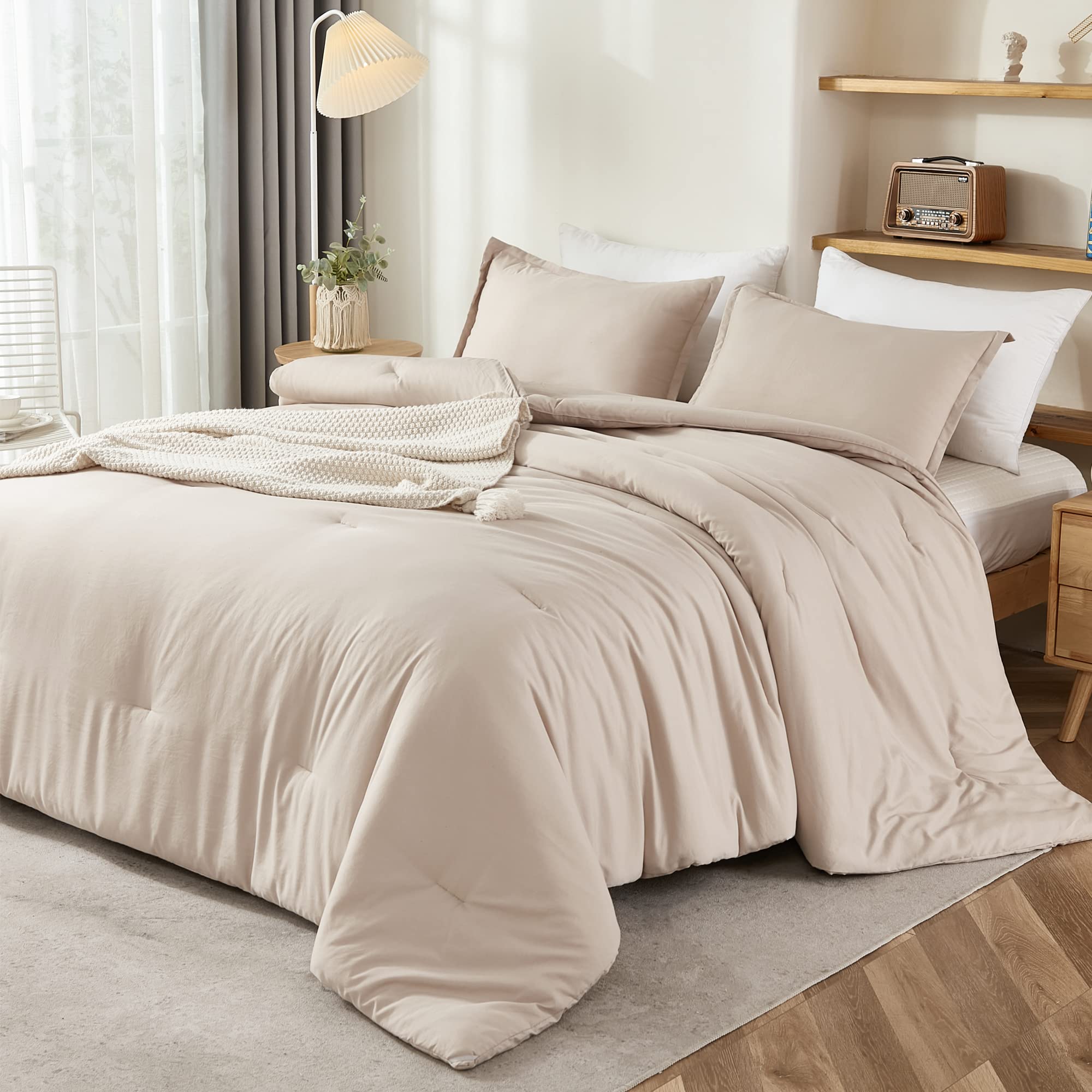Litanika Khaki Comforter Set Queen Size, 3 Pieces Solid Bedding Comforter Set, All Season Down Alternative Bed Set (90X90In Comf