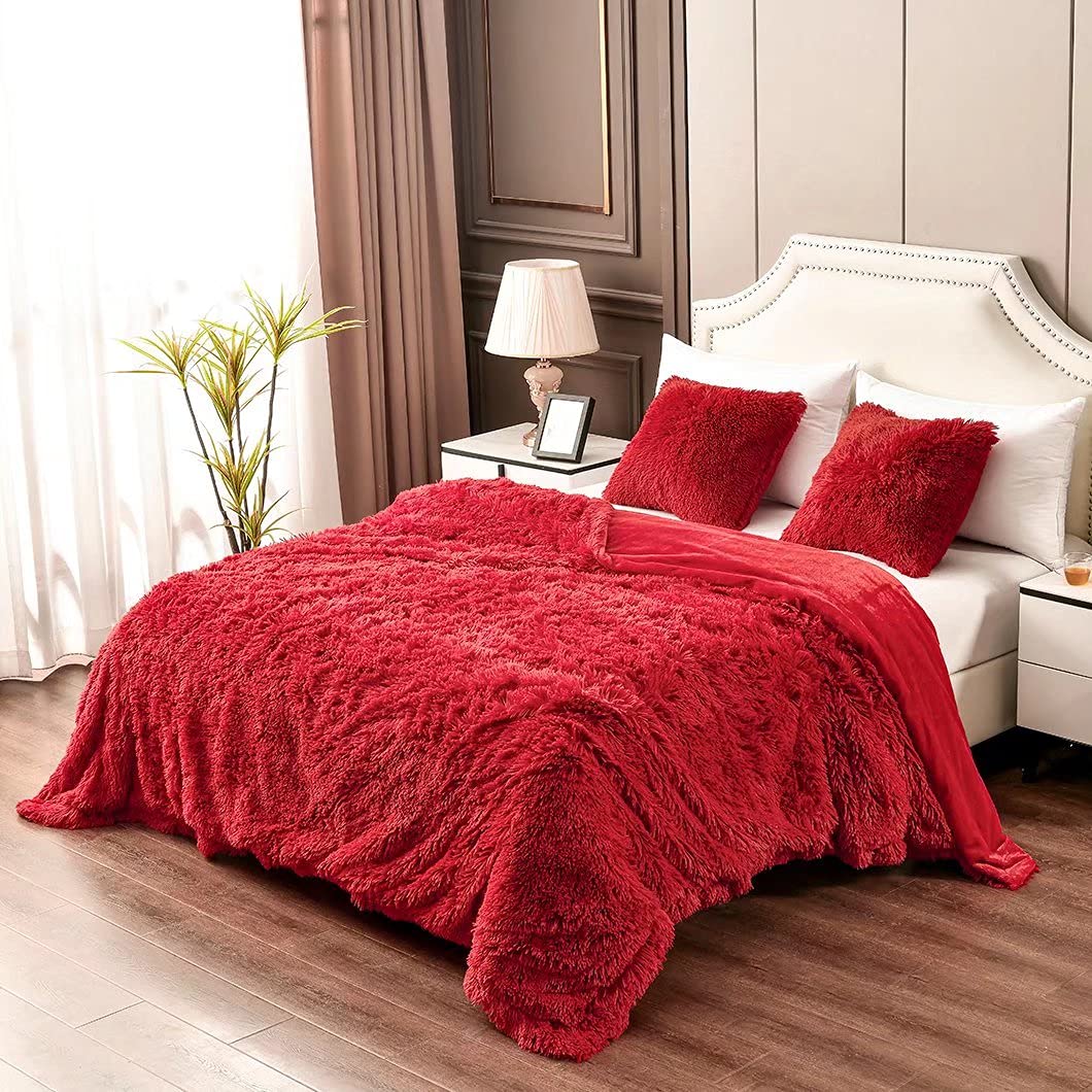 Yusoki Red King Faux Fur Blanket,2 Layers,90'X104',Without Pillows Big Soft Plush Fuzzy Large Warm Fluffy Blanket For Bed