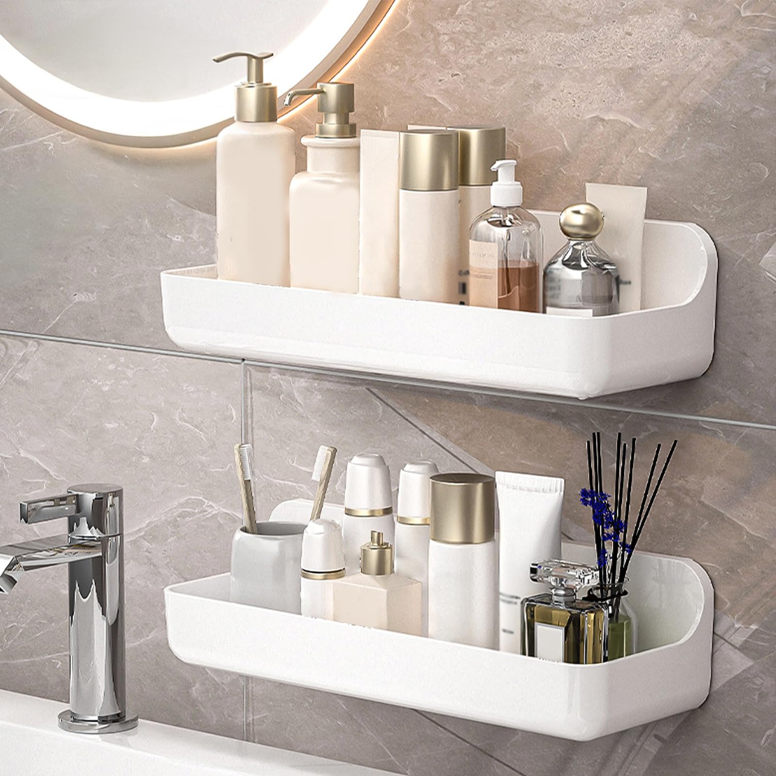 CGBE 2-Pack Acrylic Shower Shelves, Large Capacity Adhesive Shower Shelf, No Drilling Adhesive Bathroom Shelf with Drain Holes,C
