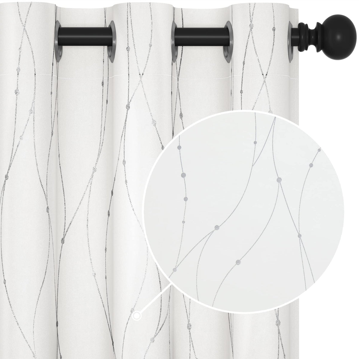 Deconovo 50% Room Darkening Grommet Curtains, Wave Line With Dots Foil Print Blackout Curtains, 84 Inches Long 2 Panels Curtains